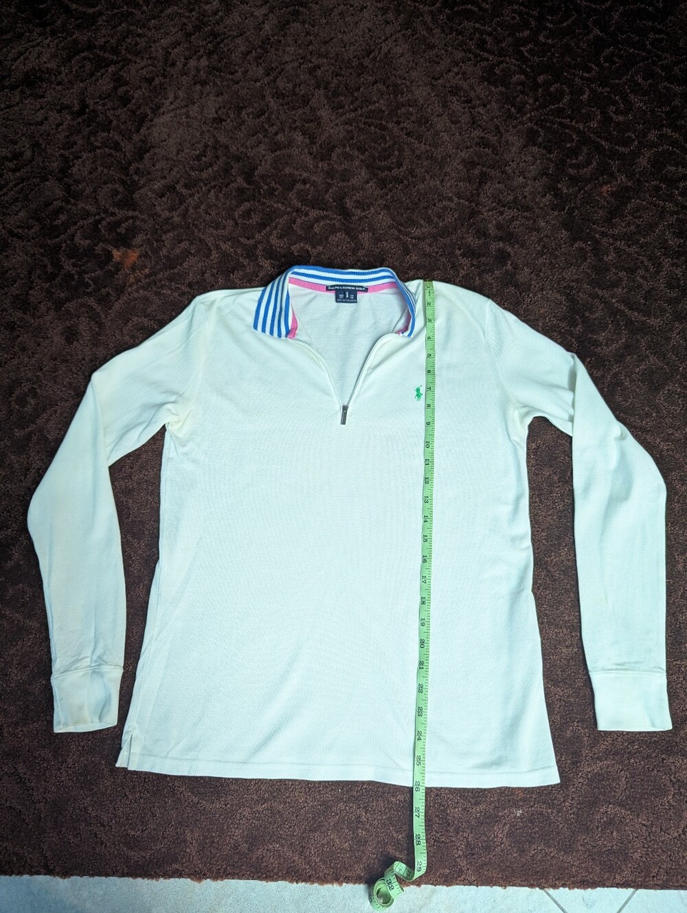 Ralph Lauren Golf Long Sleeve white pullover 1/4 zip Polo Blue Striped Collar